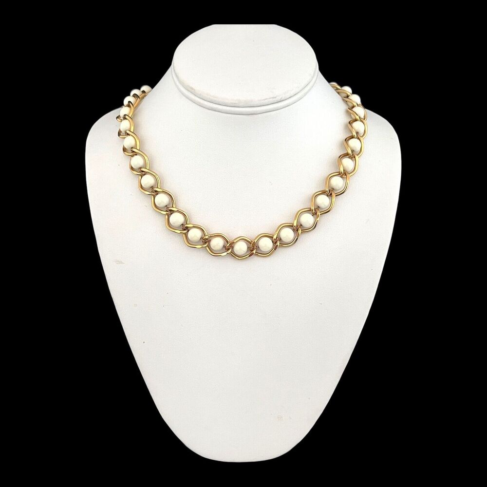 Signed Gold Tone Necklace Cream Colored Beads Gold Toned - 13M